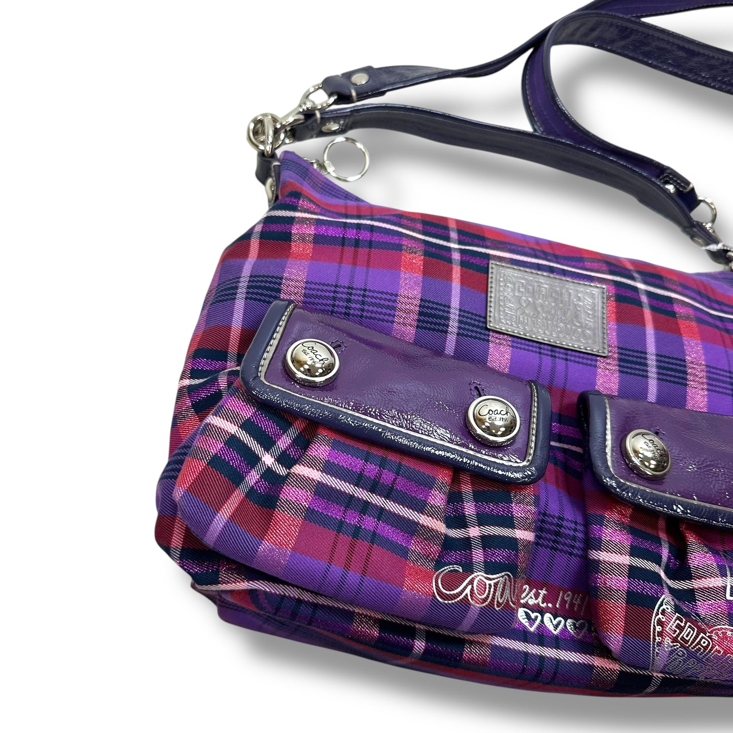 Vintage Poppy Tartan Plaid Pop Pocket Swing Hobo Handbag Designer By Coach, Size: Large