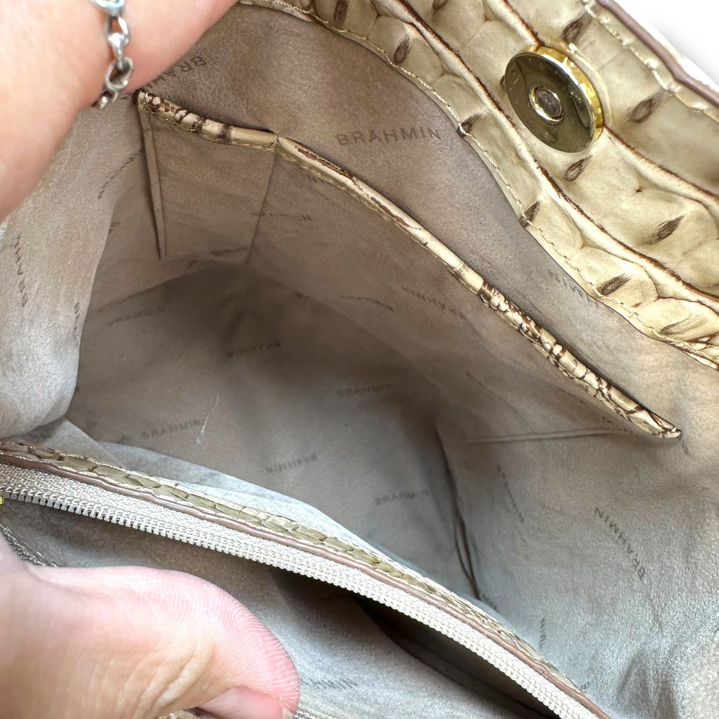 Amelia Croc Embossed Leather Bucket Bag Handbag Designer By Brahmin, Size: Medium