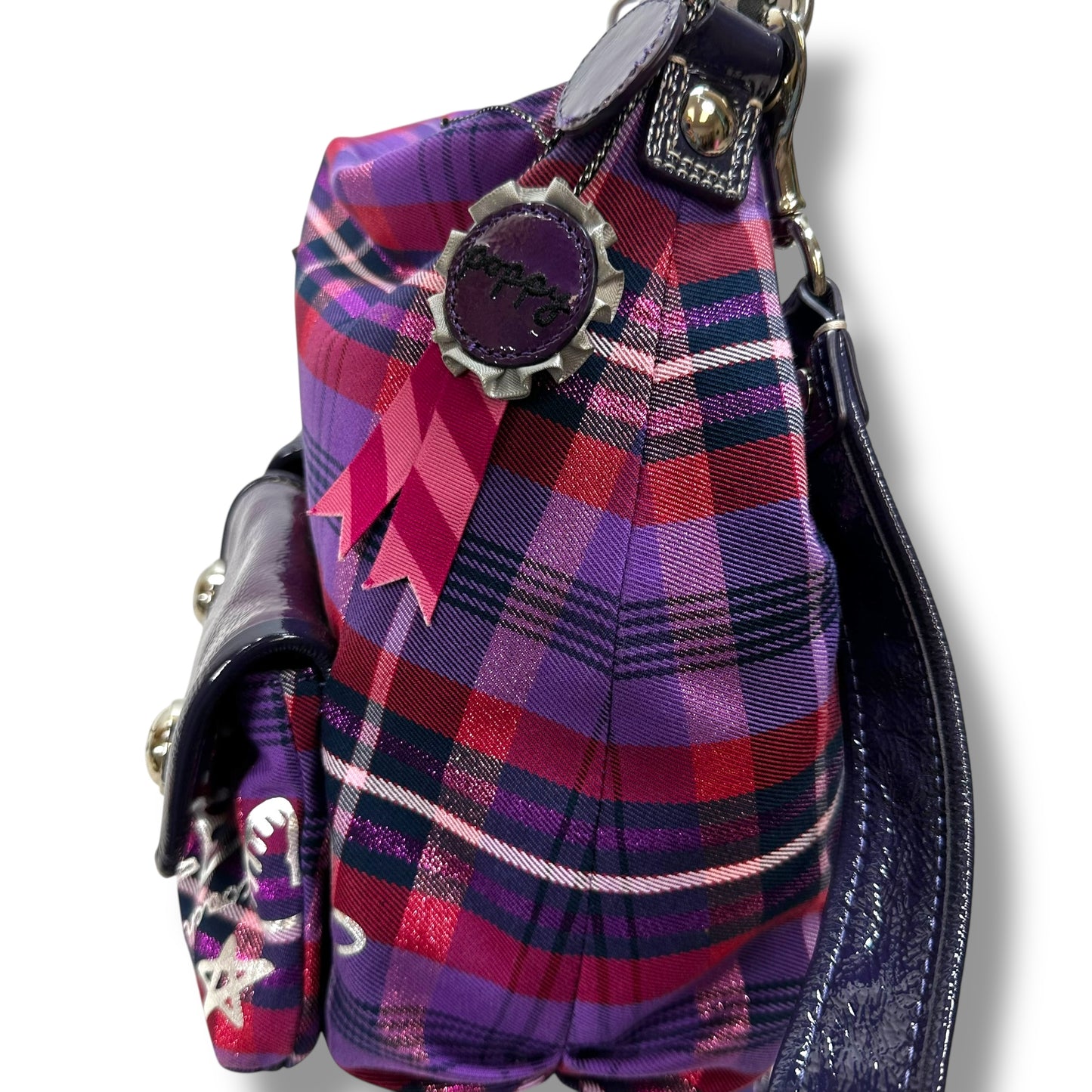Vintage Poppy Tartan Plaid Pop Pocket Swing Hobo Handbag Designer By Coach, Size: Large