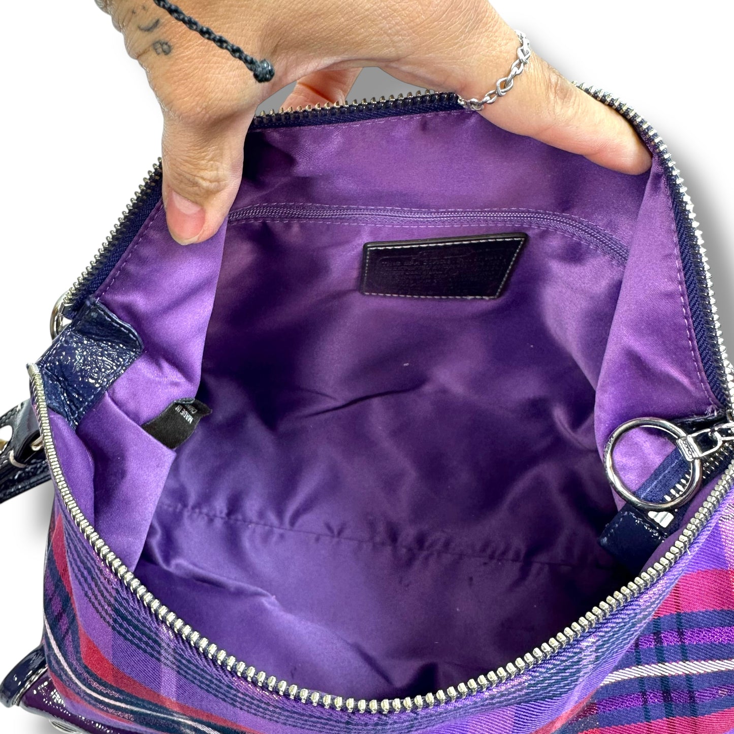 Vintage Poppy Tartan Plaid Pop Pocket Swing Hobo Handbag Designer By Coach, Size: Large
