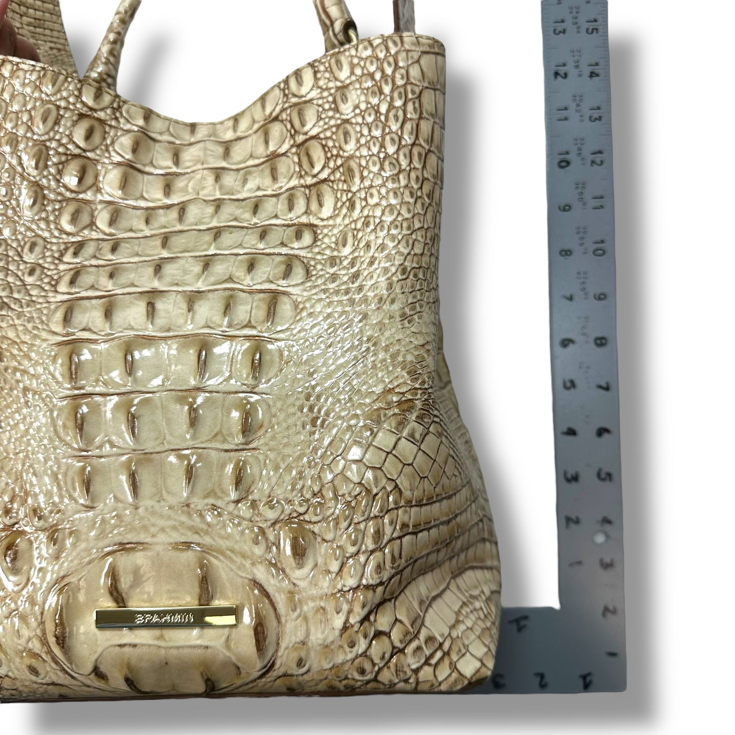 Amelia Croc Embossed Leather Bucket Bag Handbag Designer By Brahmin, Size: Medium