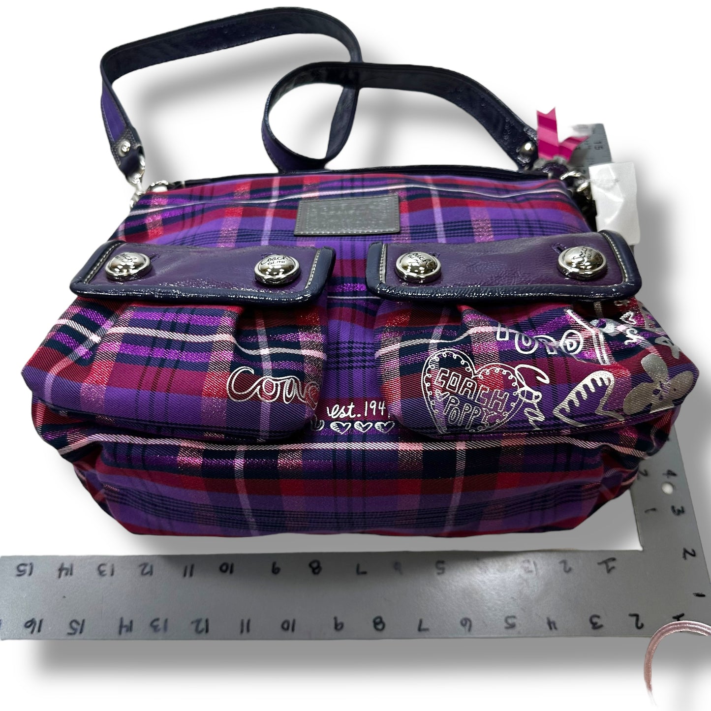Vintage Poppy Tartan Plaid Pop Pocket Swing Hobo Handbag Designer By Coach, Size: Large
