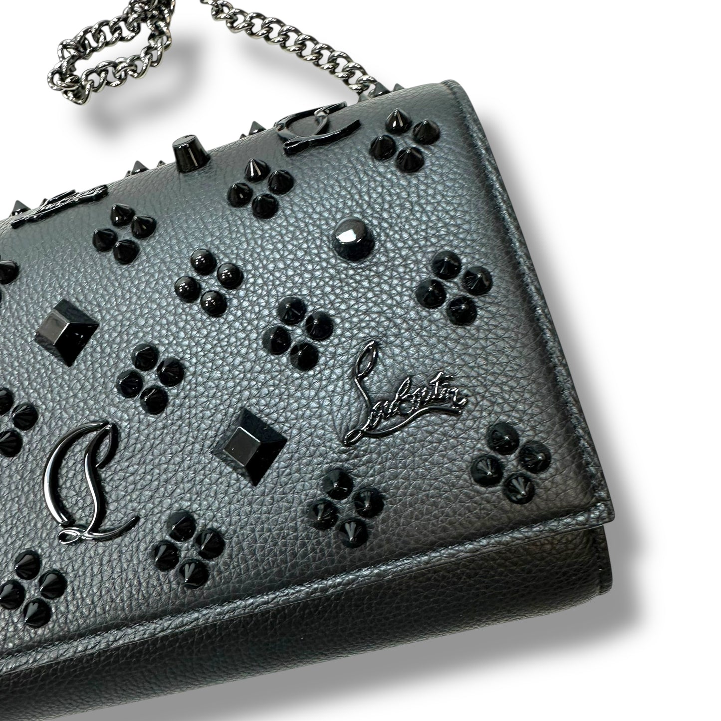 Paloma Clutch - Grained calf leather and spikes Loubinthesky - Black Crossbody Luxury Designer By Christian Louboutin, Size: Small