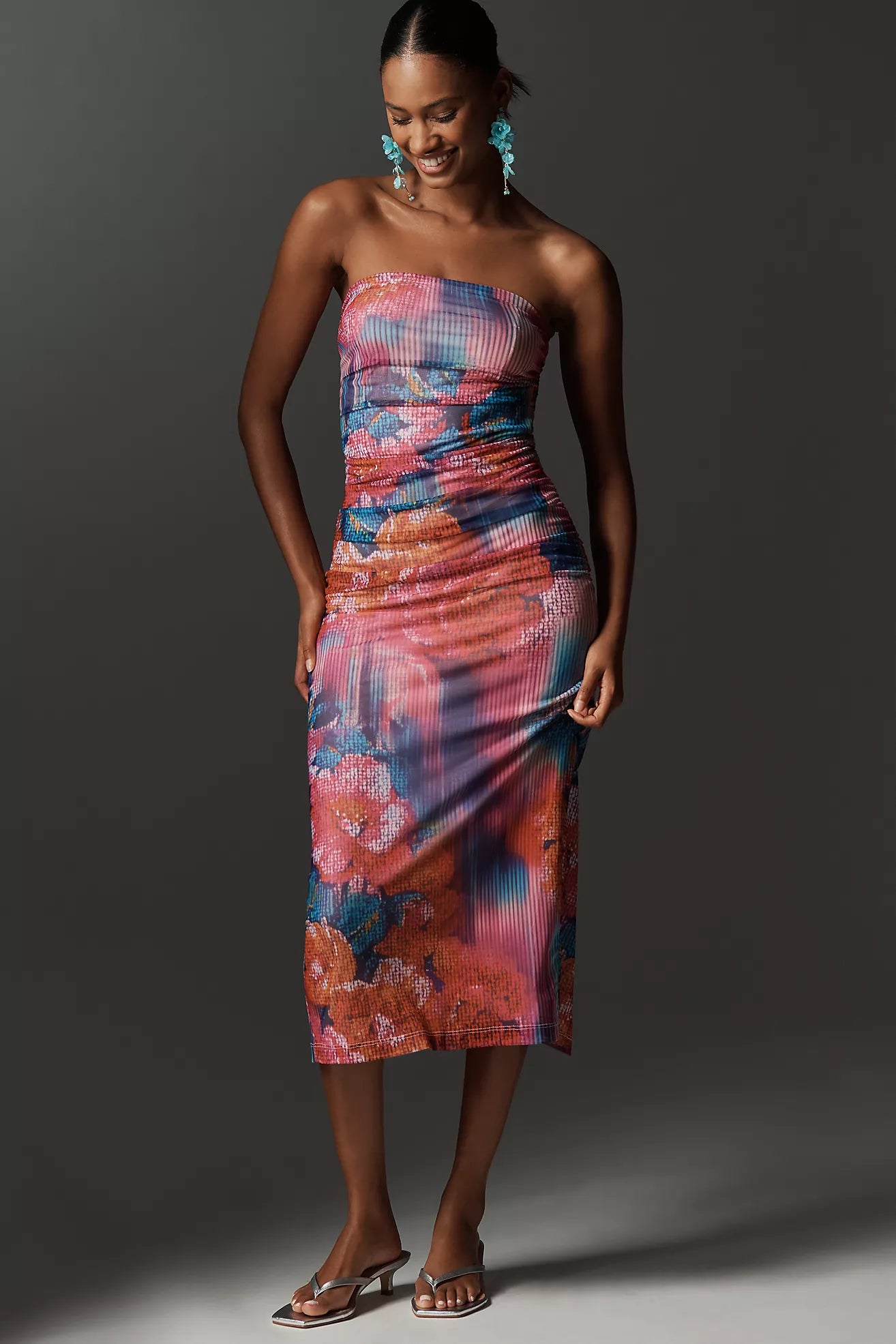 The Soleil Slim Strapless Ruched Mesh Dress Casual Maxi By Anthropologie In Multi-colored, Size: Xl