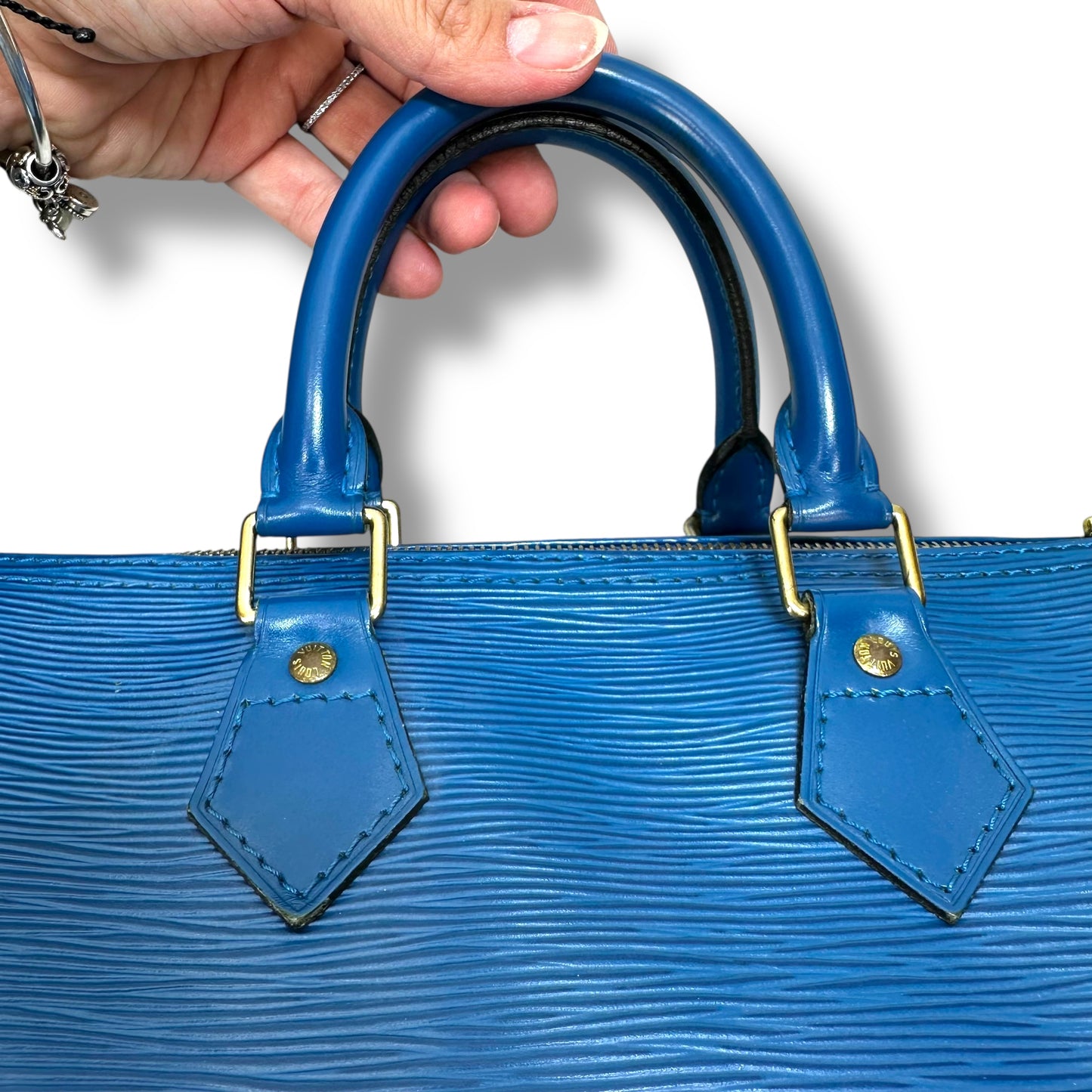 Blue Epi Leather Speedy 25 Handbag Luxury Designer By Louis Vuitton, Size: Medium