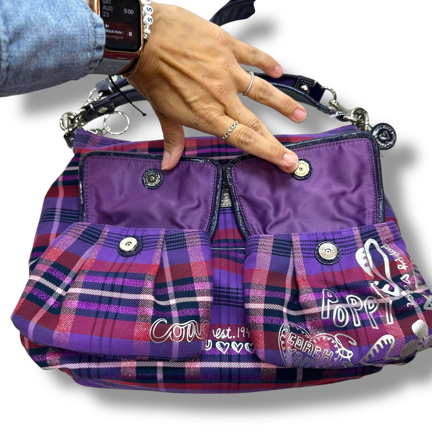 Vintage Poppy Tartan Plaid Pop Pocket Swing Hobo Handbag Designer By Coach, Size: Large