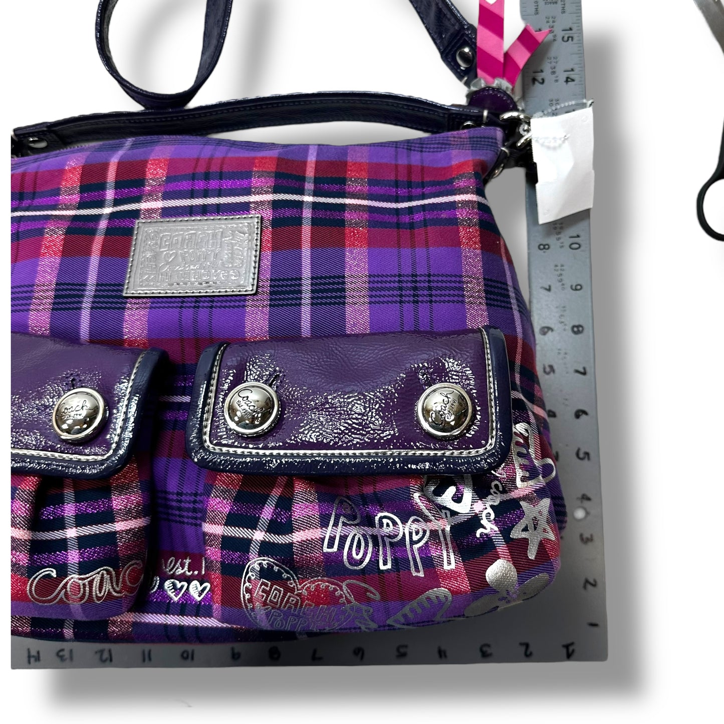 Vintage Poppy Tartan Plaid Pop Pocket Swing Hobo Handbag Designer By Coach, Size: Large