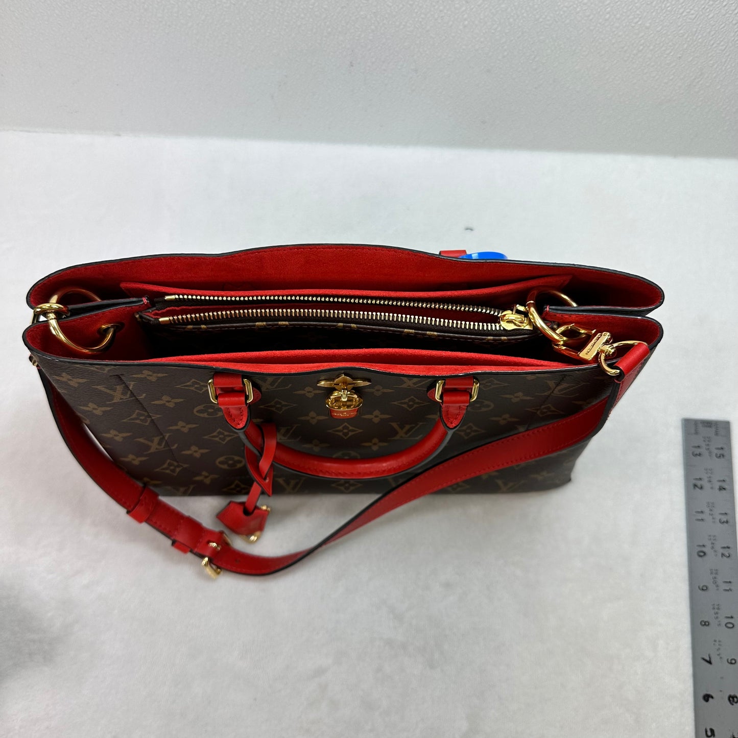 Flower Tote in Monogram Canvas and Coquelicot red leather trim Handbag Luxury Designer By Louis Vuitton, Size: Medium