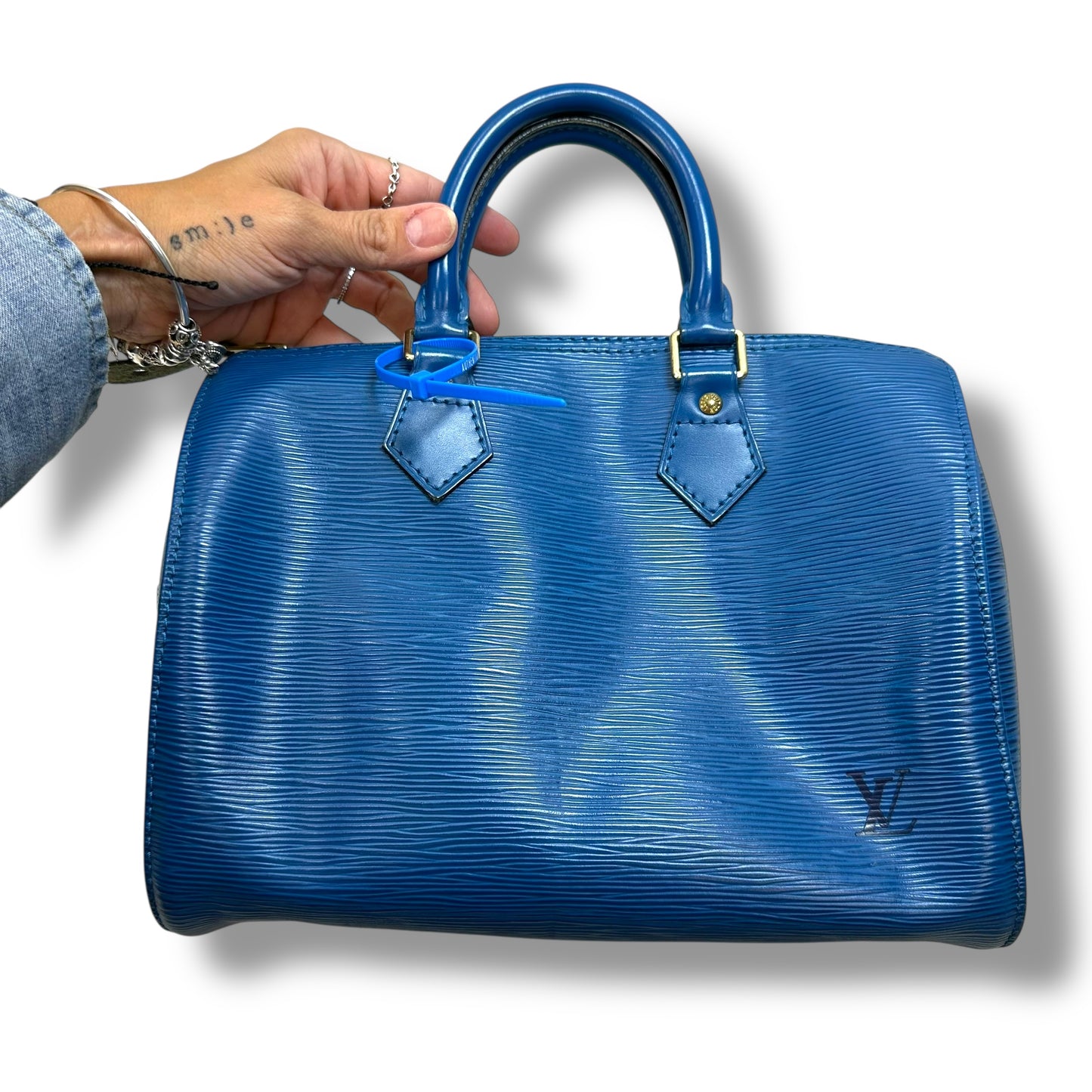 Blue Epi Leather Speedy 25 Handbag Luxury Designer By Louis Vuitton, Size: Medium