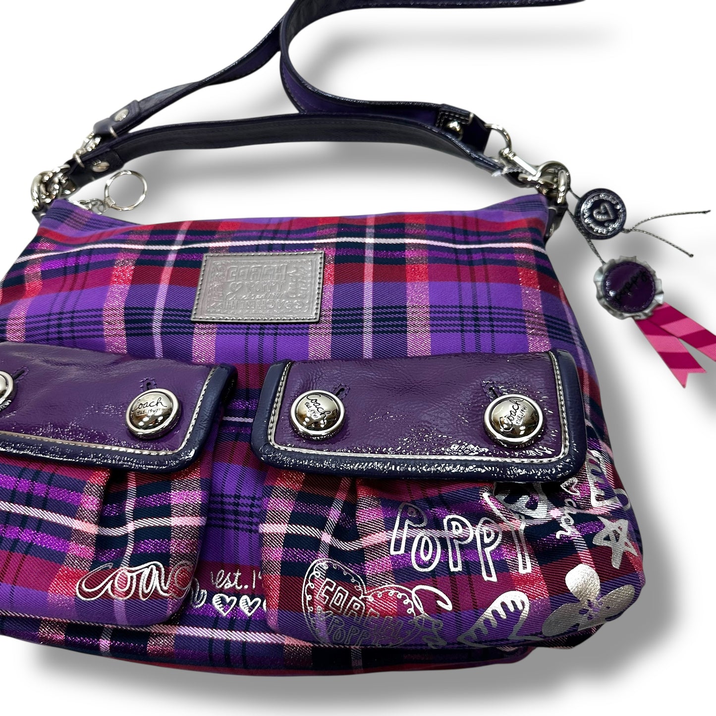 Vintage Poppy Tartan Plaid Pop Pocket Swing Hobo Handbag Designer By Coach, Size: Large