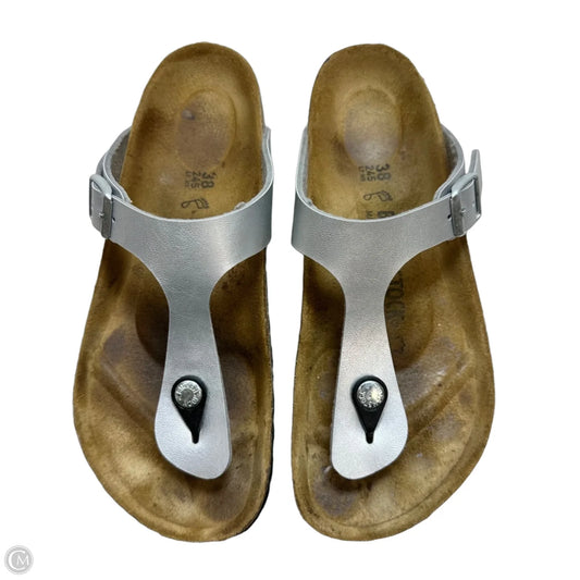 Sandals Flats By Birkenstock In Silver, Size: 7