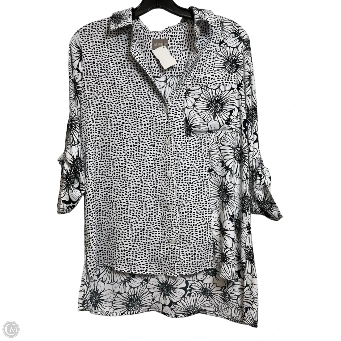Top 3/4 Sleeve By Chicos In Black & White, Size: Xs