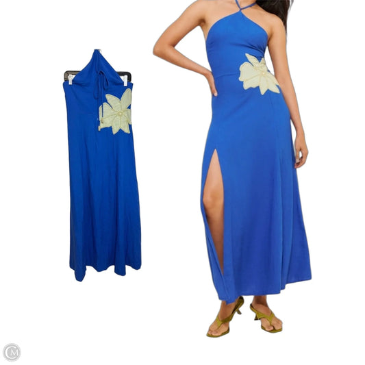Linen blend Halter Side-Slit Maxi Dress By CELANDINE In Blue, Size: S