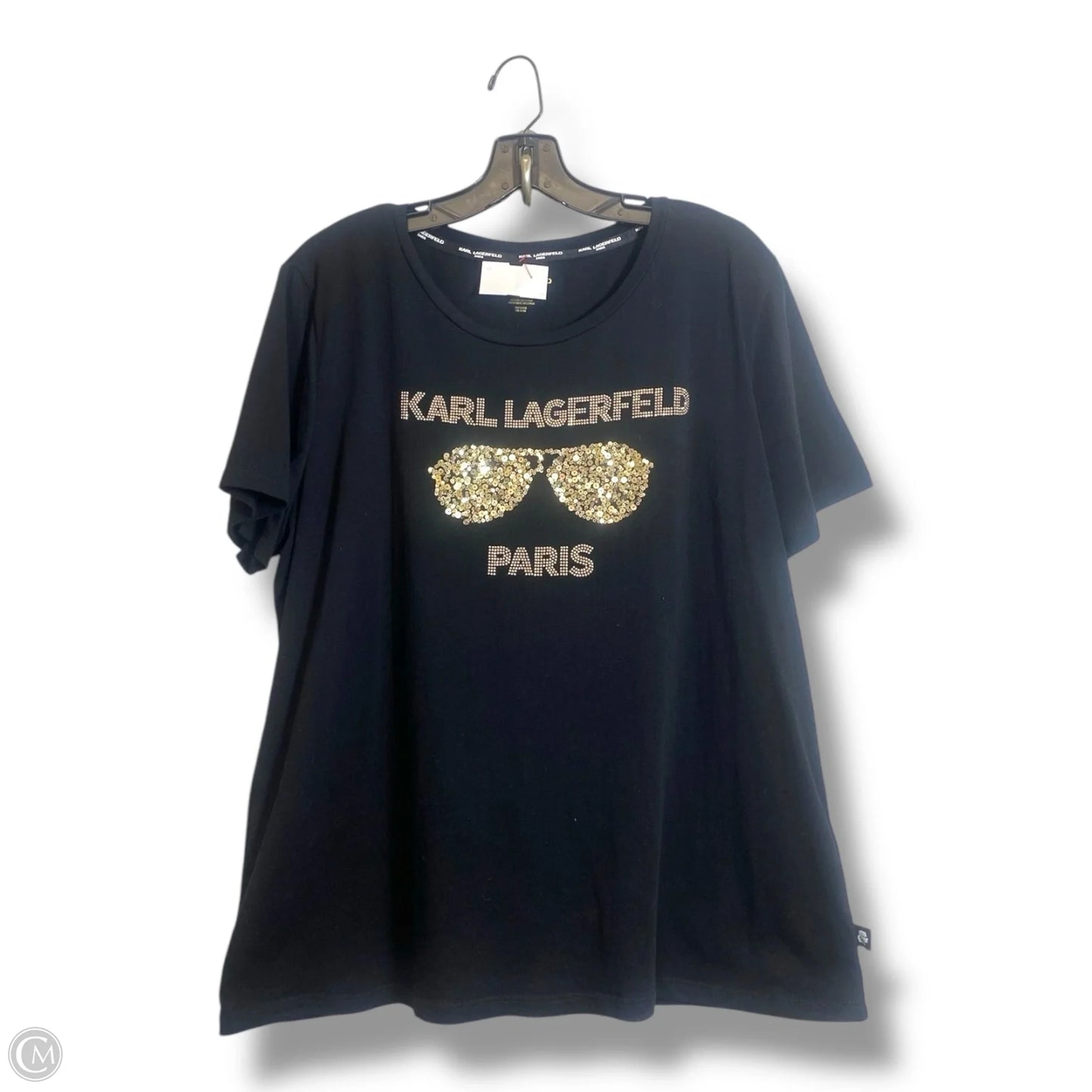 Top Short Sleeve Designer By Karl Lagerfeld In Black & Gold, Size: Xl