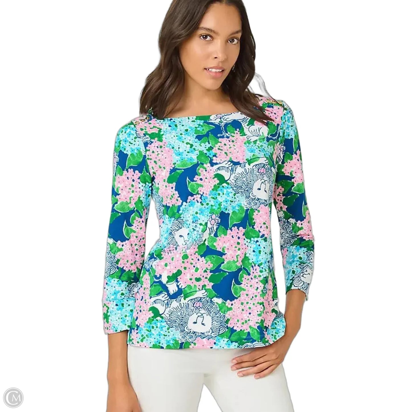Top Long Sleeve Designer By Lilly Pulitzer In Pink & White, Size: L