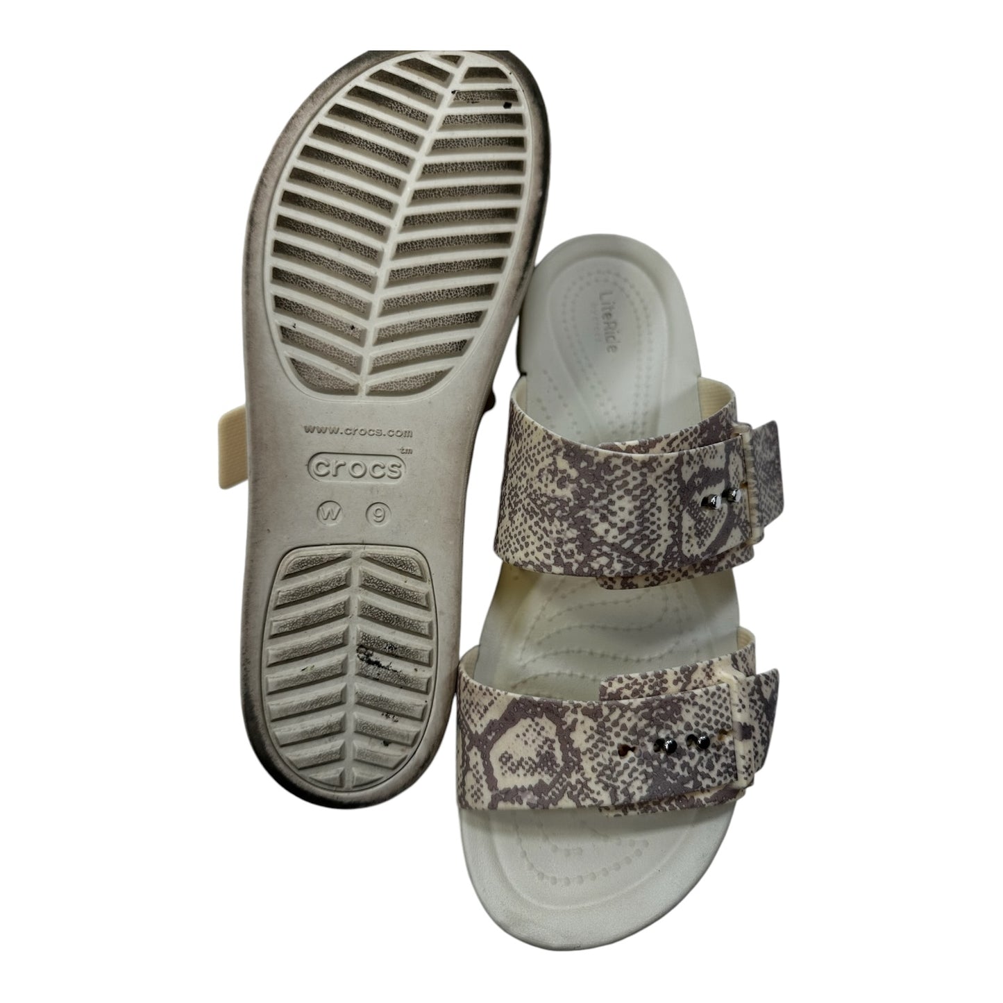 Sandals Flats By Crocs In Snakeskin Print, Size: 9