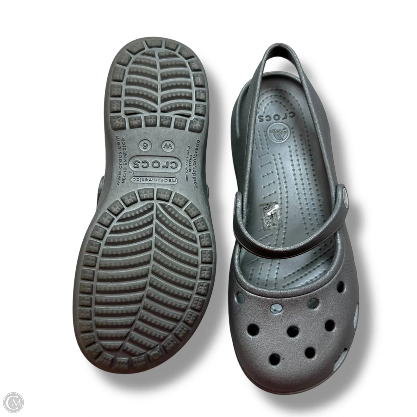 Shoes Flats By Crocs In Silver, Size: 6