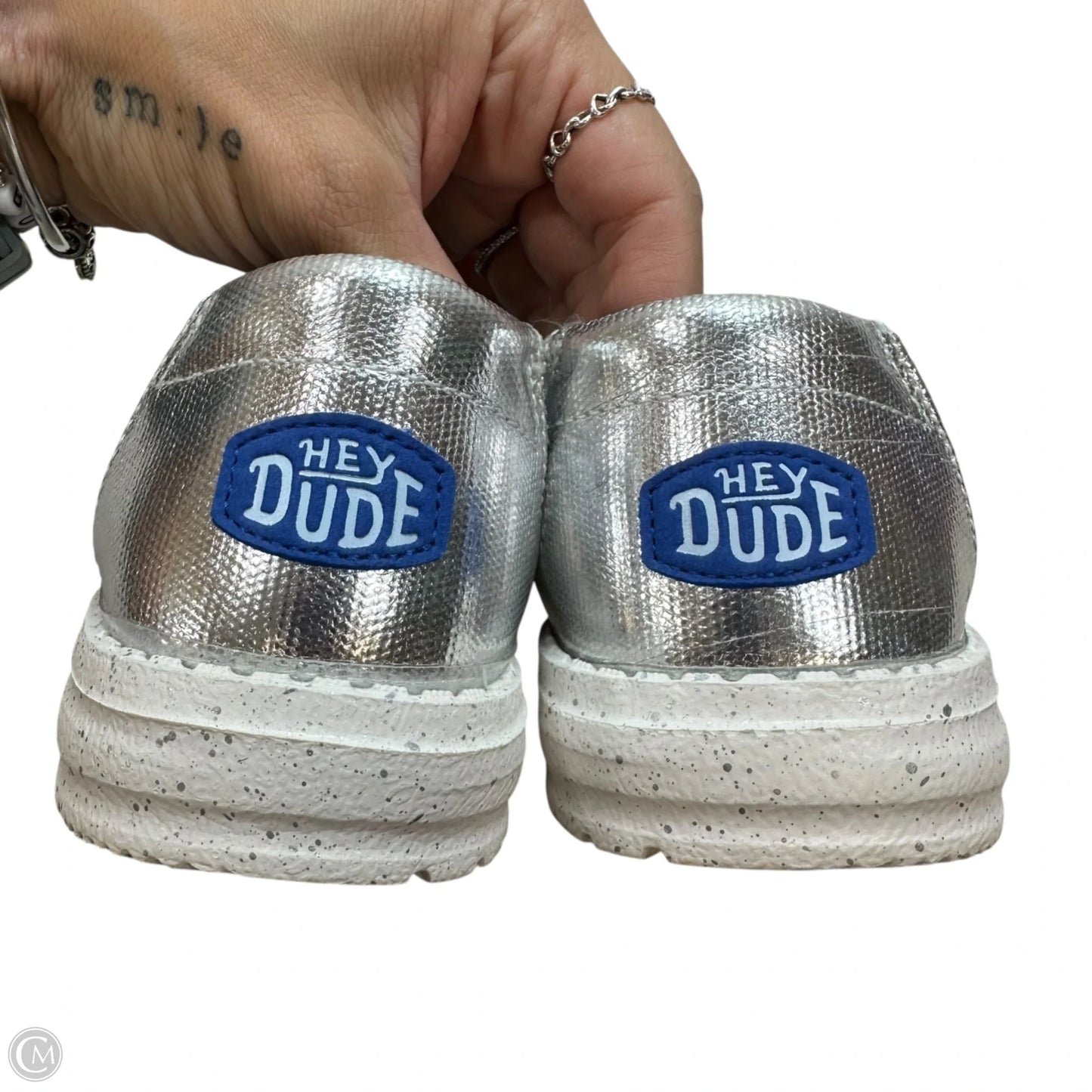 Shoes Flats By Hey Dude In Silver, Size: 7