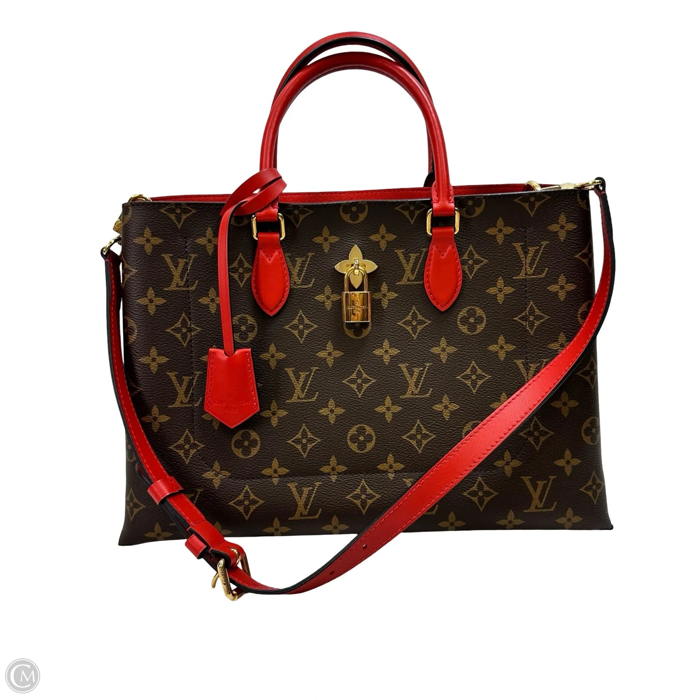 Flower Tote in Monogram Canvas and Coquelicot red leather trim Handbag Luxury Designer By Louis Vuitton, Size: Medium