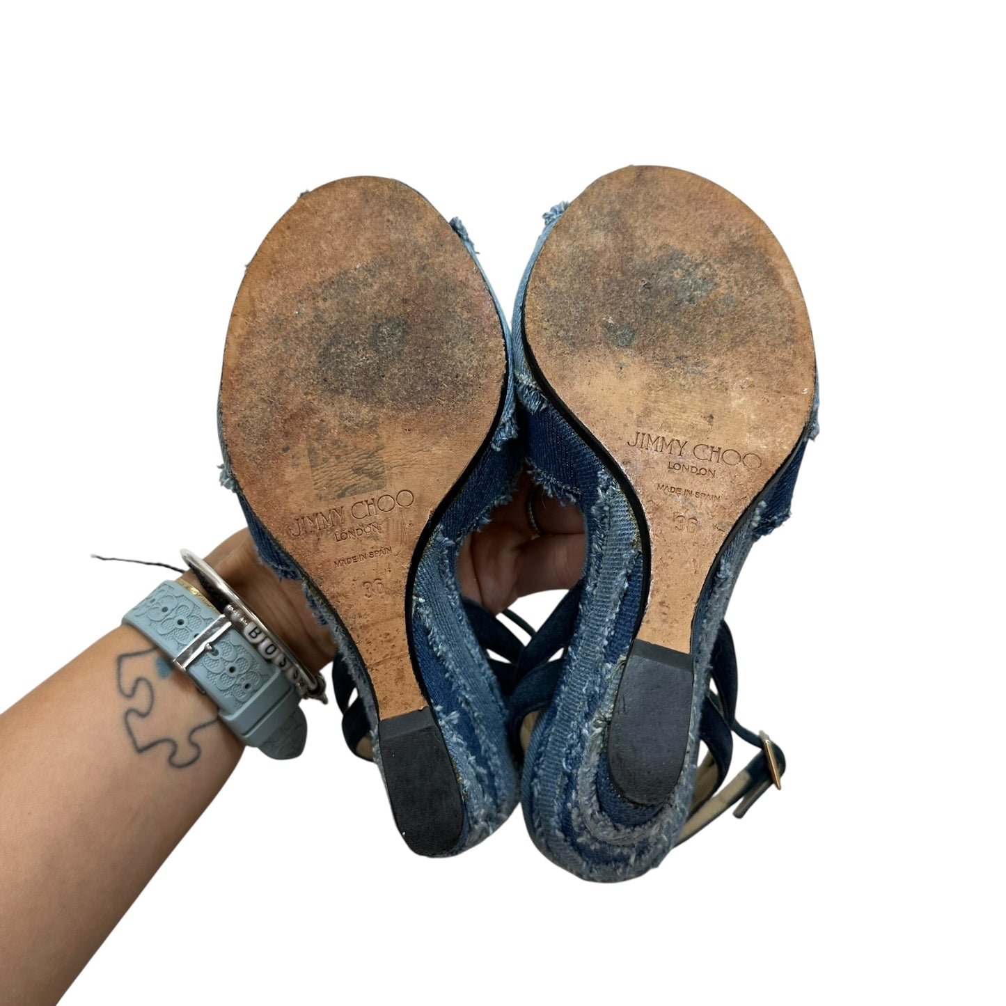 Sandals Luxury Designer By Jimmy Choo In Blue Denim, Size: 6