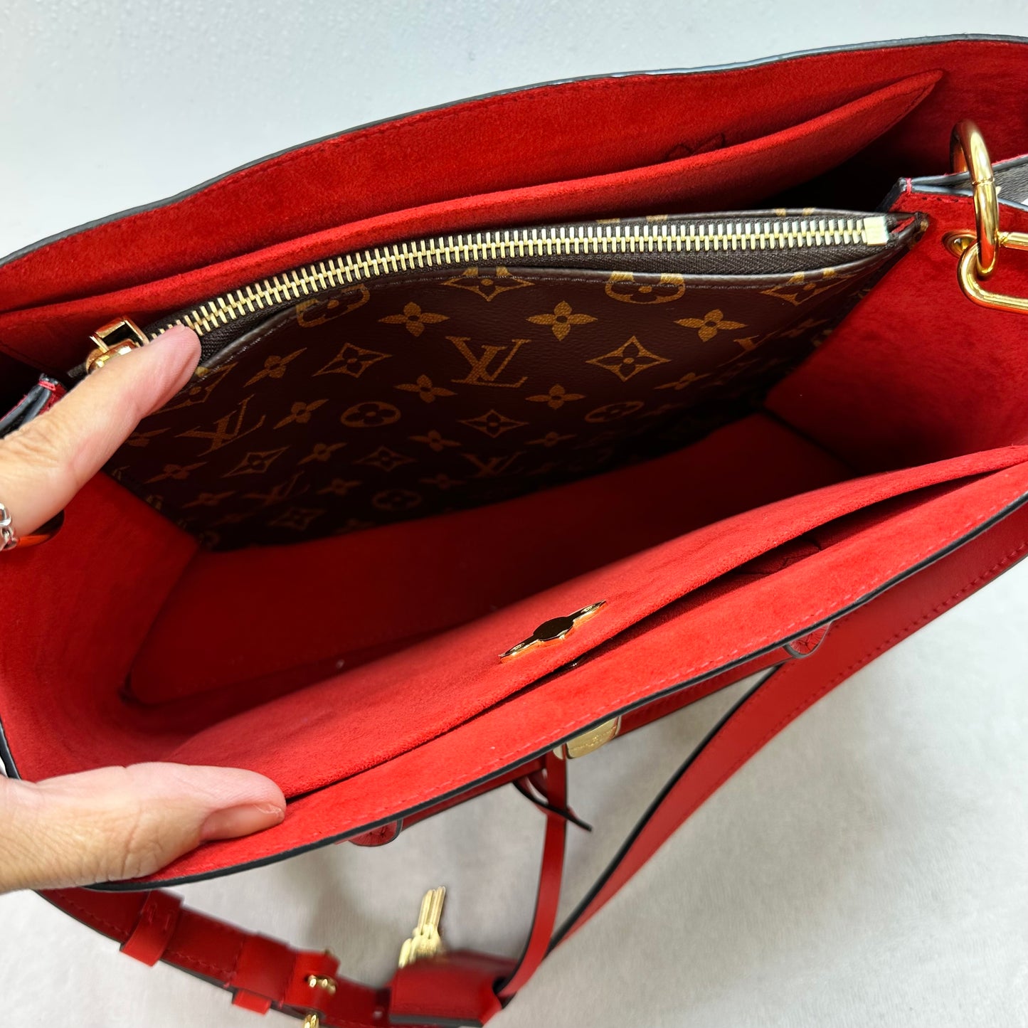 Flower Tote in Monogram Canvas and Coquelicot red leather trim Handbag Luxury Designer By Louis Vuitton, Size: Medium