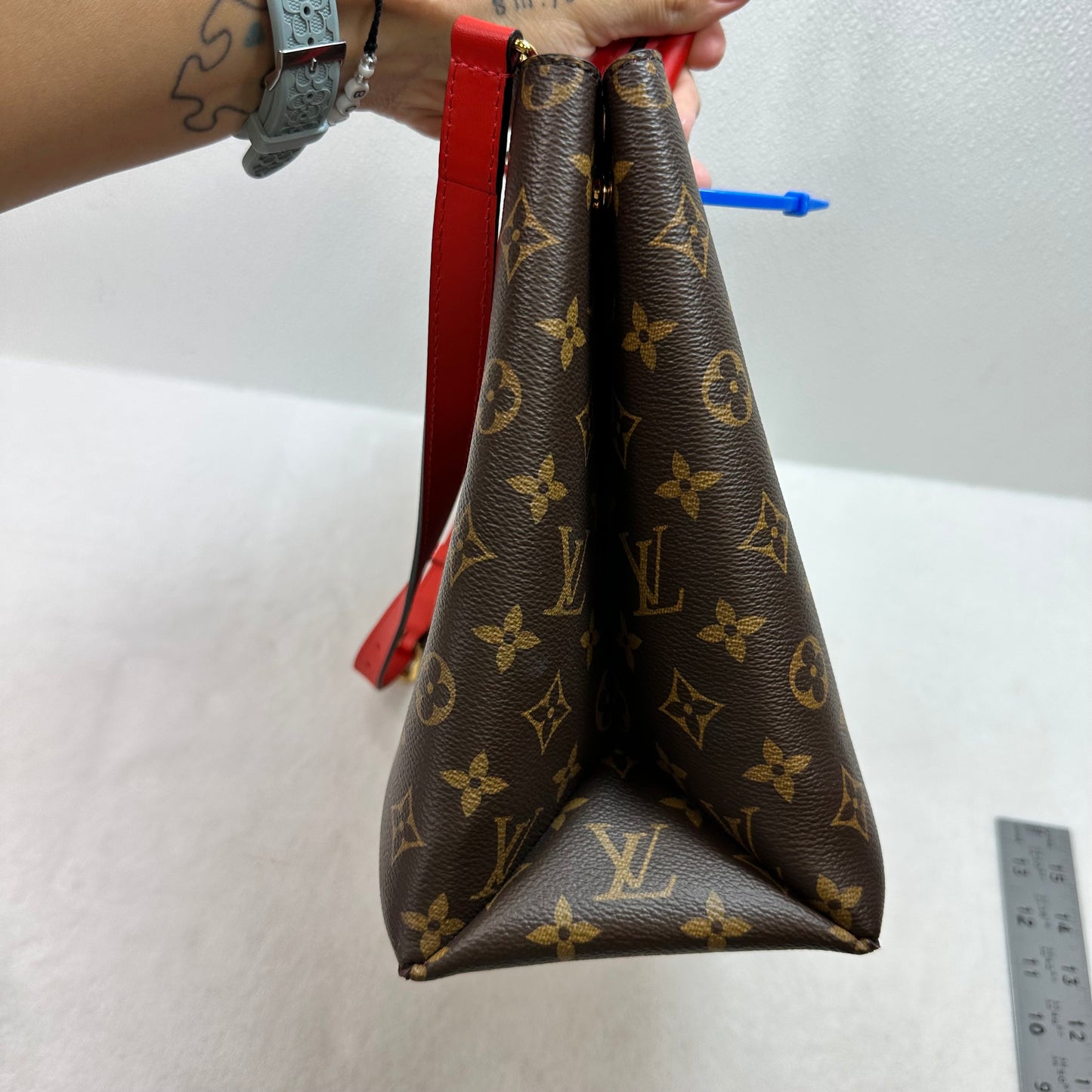 Flower Tote in Monogram Canvas and Coquelicot red leather trim Handbag Luxury Designer By Louis Vuitton, Size: Medium