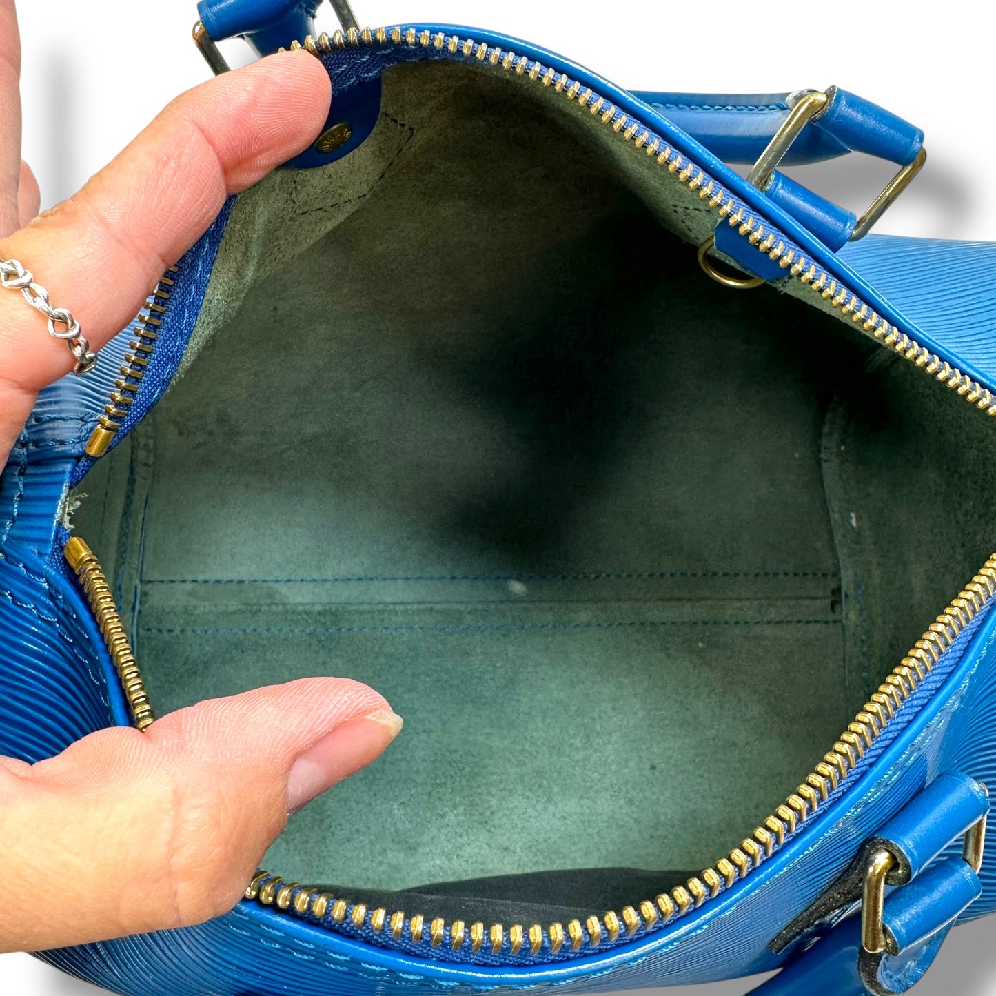 Blue Epi Leather Speedy 25 Handbag Luxury Designer By Louis Vuitton, Size: Medium