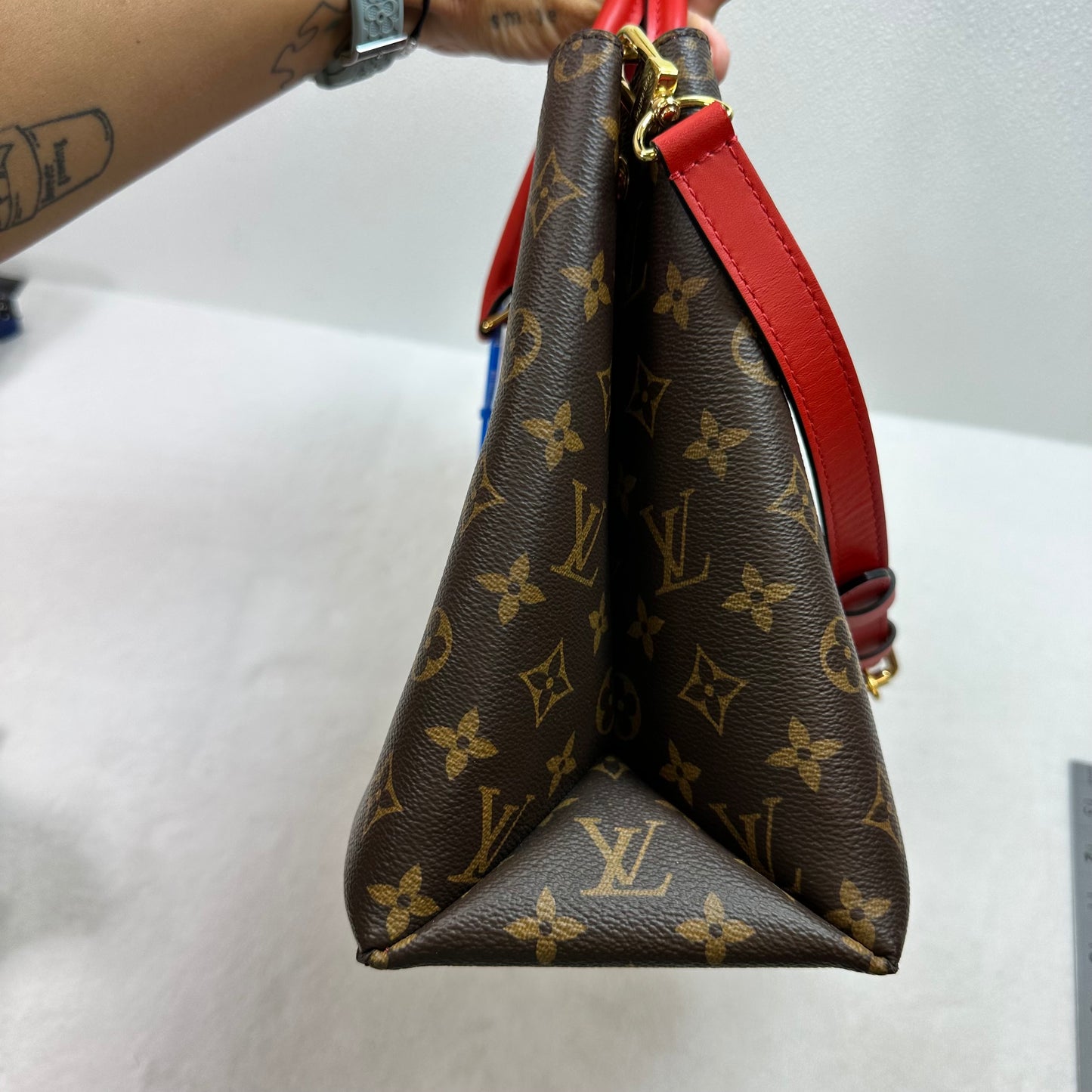 Flower Tote in Monogram Canvas and Coquelicot red leather trim Handbag Luxury Designer By Louis Vuitton, Size: Medium