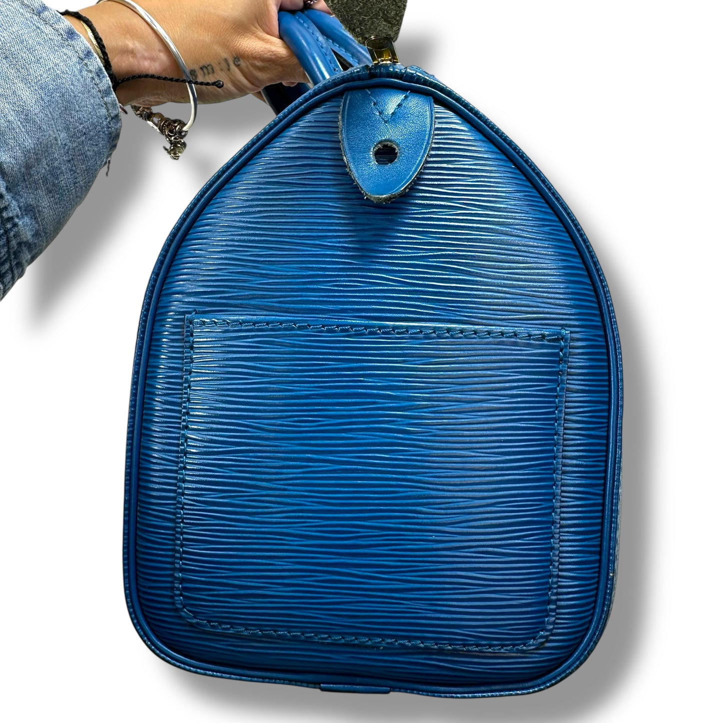 Blue Epi Leather Speedy 25 Handbag Luxury Designer By Louis Vuitton, Size: Medium