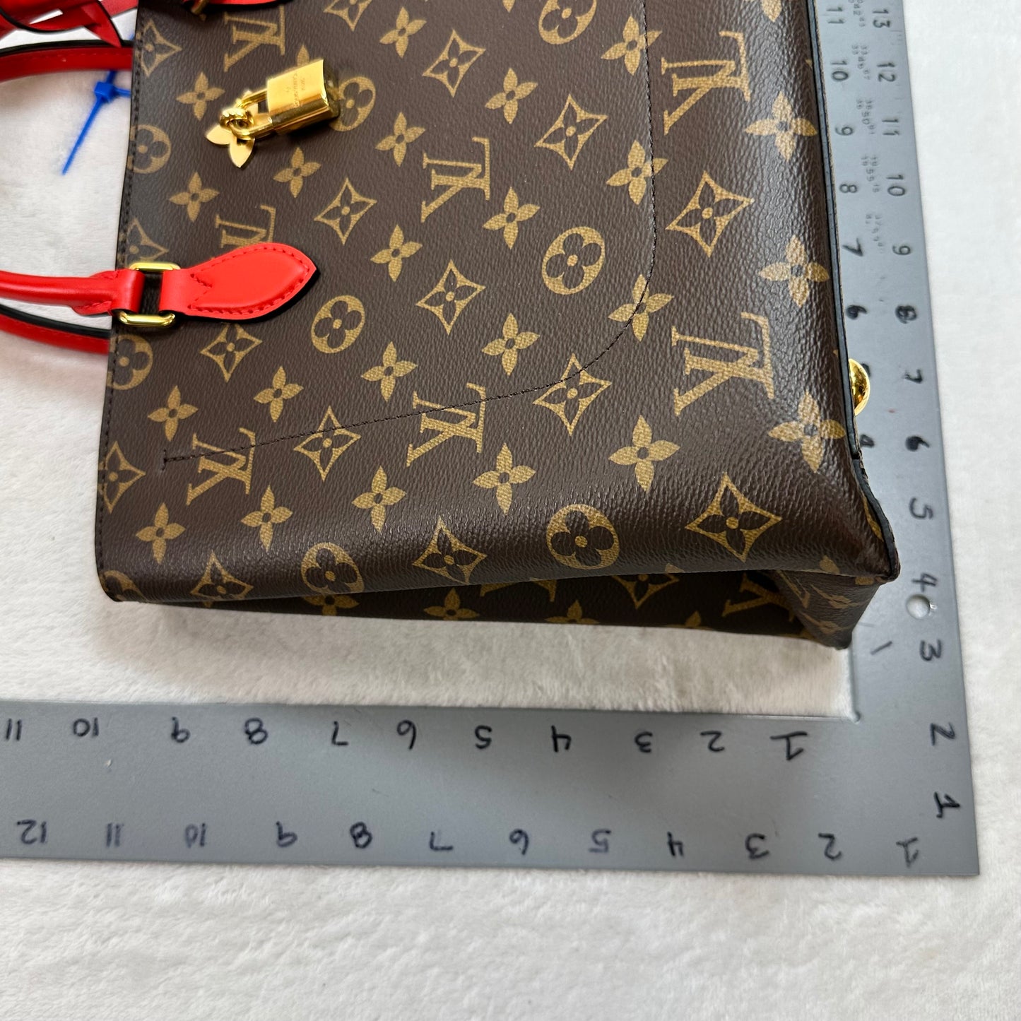 Flower Tote in Monogram Canvas and Coquelicot red leather trim Handbag Luxury Designer By Louis Vuitton, Size: Medium