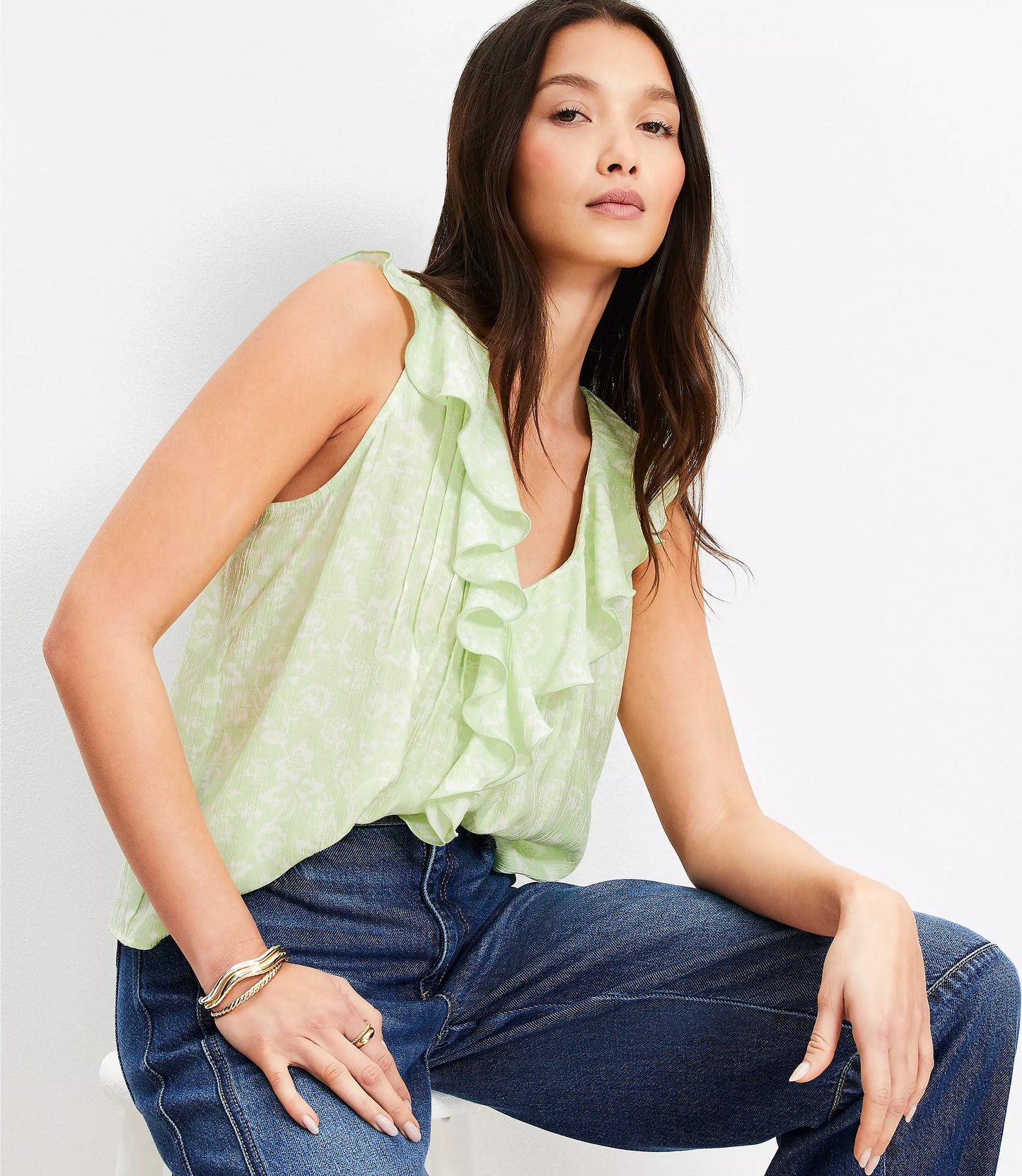 Garden Pleated Ruffle Shell Top Sleeveless By Loft In Green, Size: M