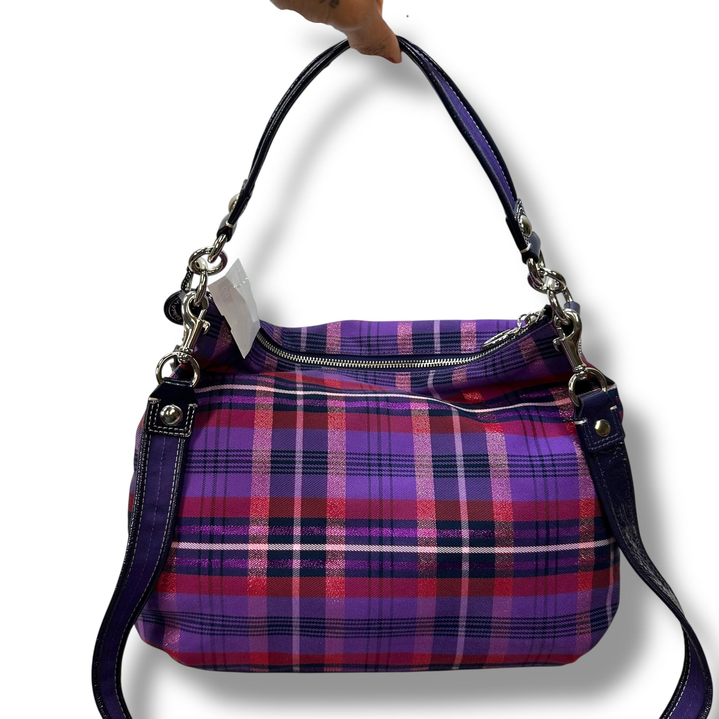 Vintage Poppy Tartan Plaid Pop Pocket Swing Hobo Handbag Designer By Coach, Size: Large