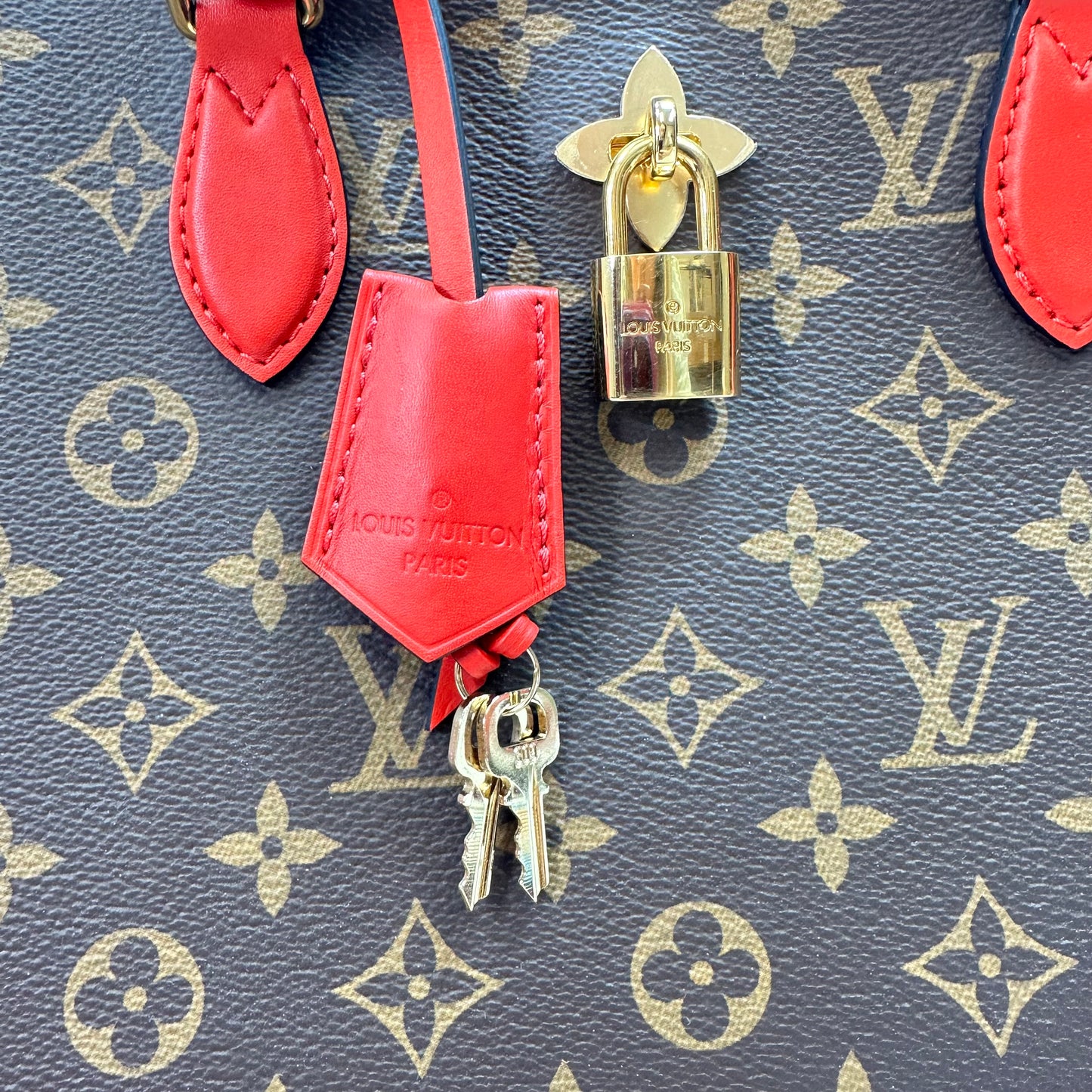 Flower Tote in Monogram Canvas and Coquelicot red leather trim Handbag Luxury Designer By Louis Vuitton, Size: Medium