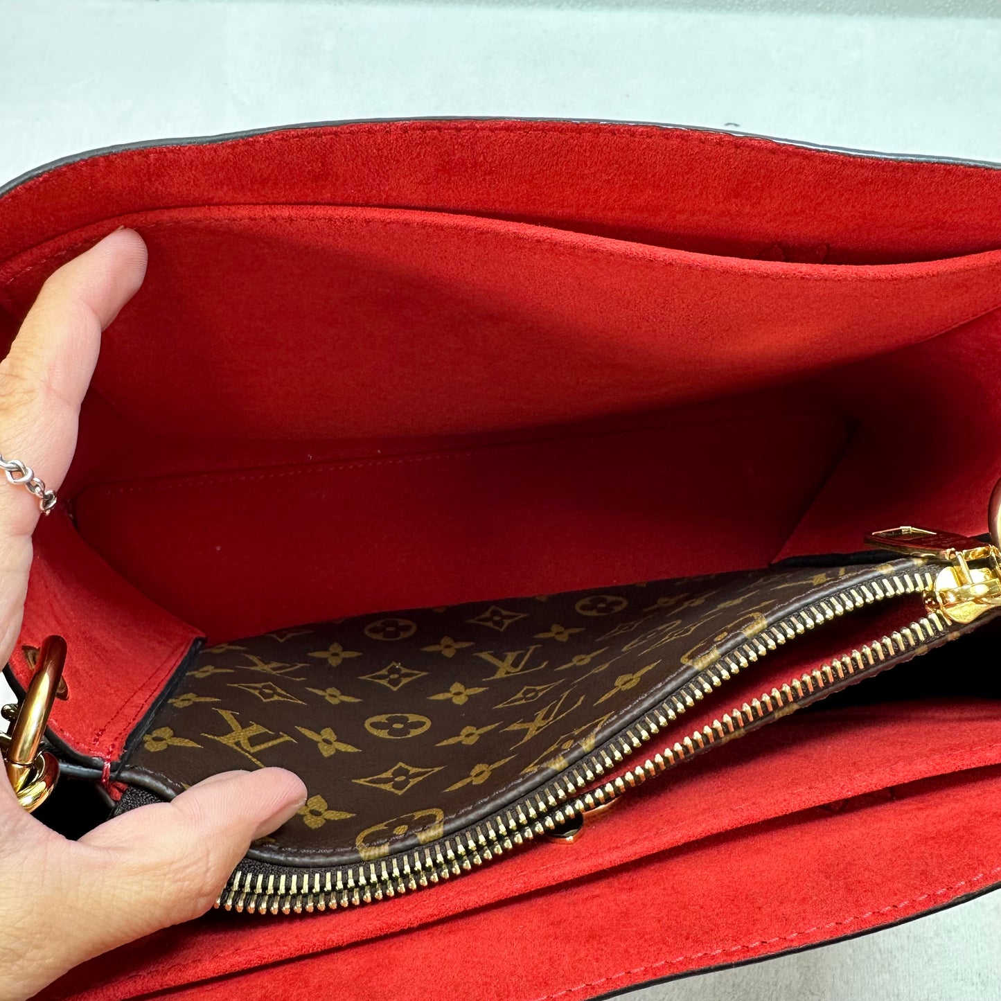 Flower Tote in Monogram Canvas and Coquelicot red leather trim Handbag Luxury Designer By Louis Vuitton, Size: Medium
