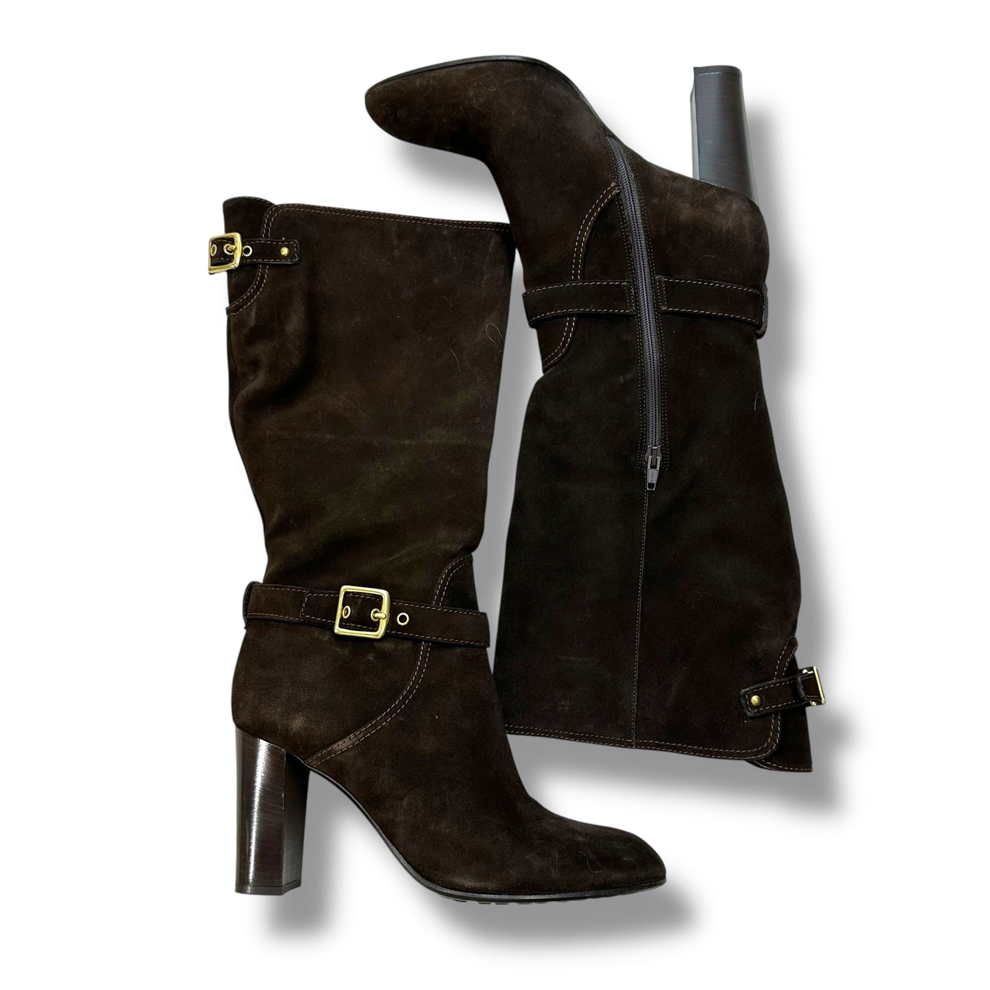 Suede Boots Designer By Coach In Brown, Size: 9
