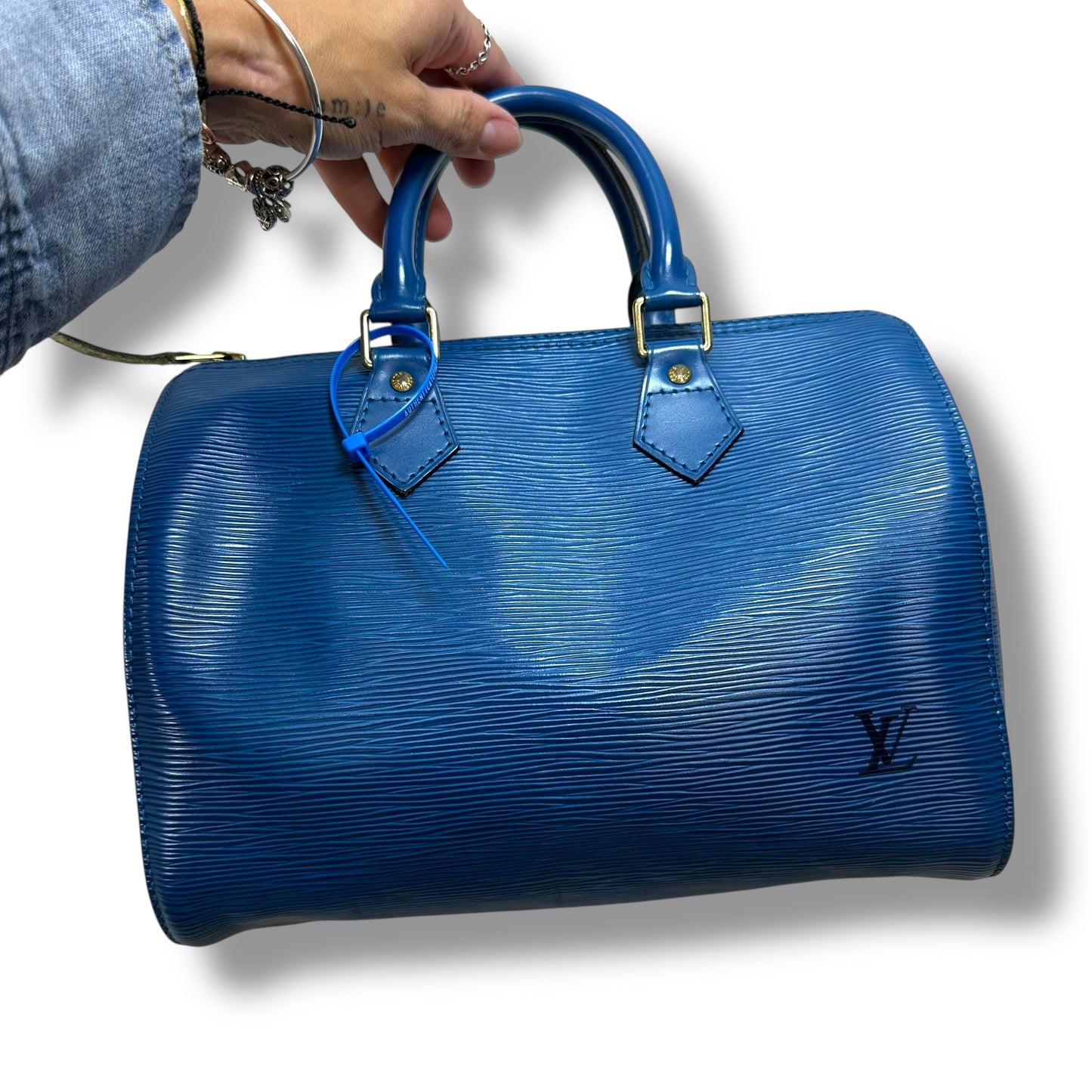 Blue Epi Leather Speedy 25 Handbag Luxury Designer By Louis Vuitton, Size: Medium