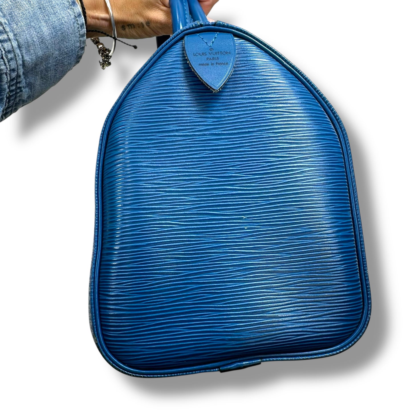 Blue Epi Leather Speedy 25 Handbag Luxury Designer By Louis Vuitton, Size: Medium