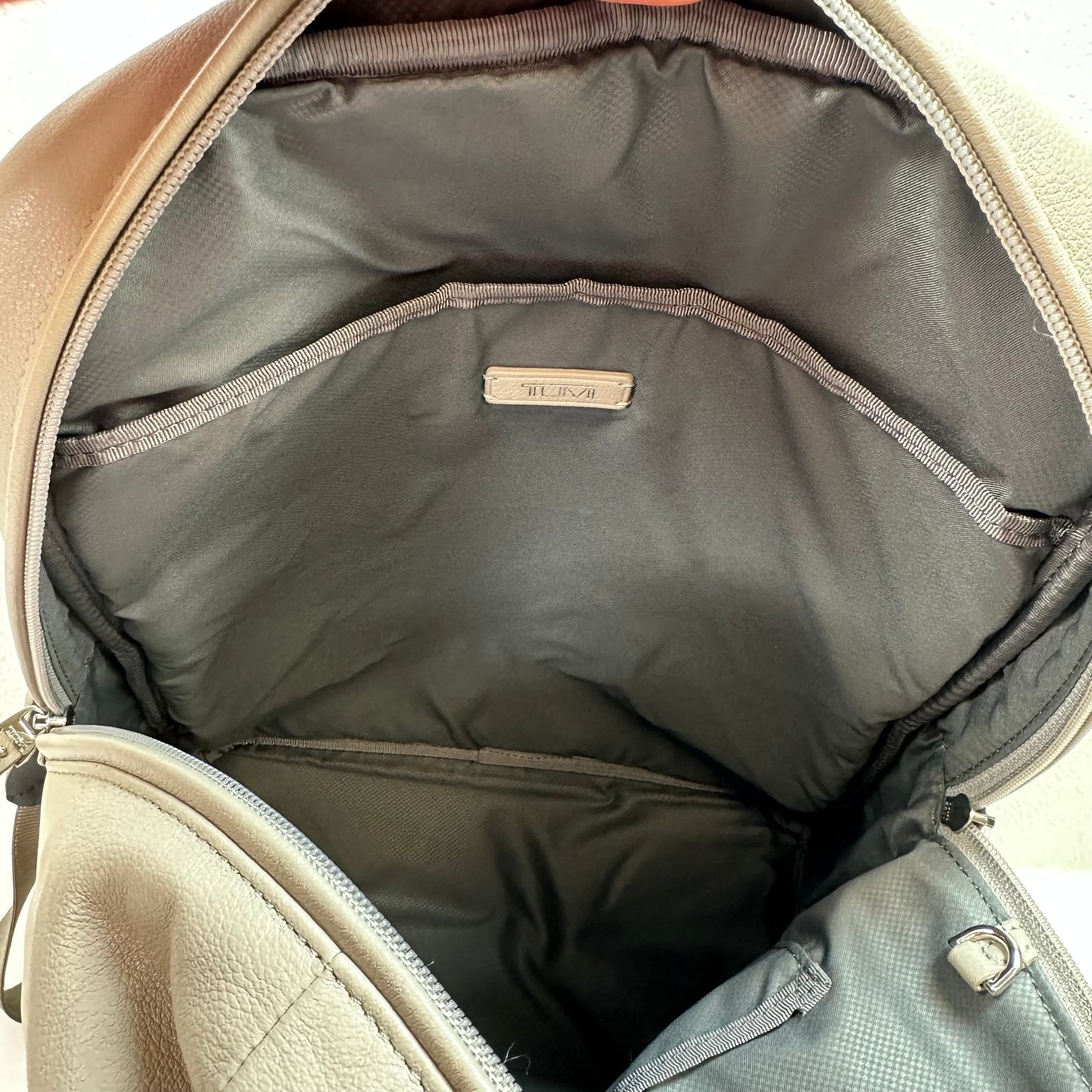 Leather Backpack Designer By Tumi, Size: Large