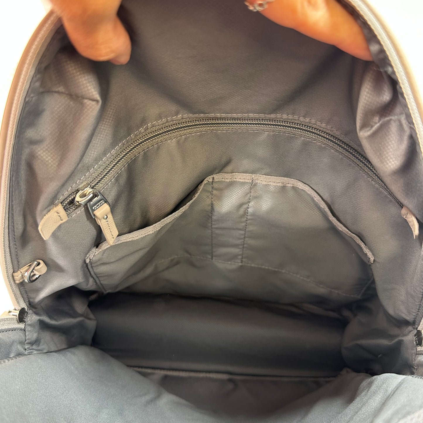 Leather Backpack Designer By Tumi, Size: Large