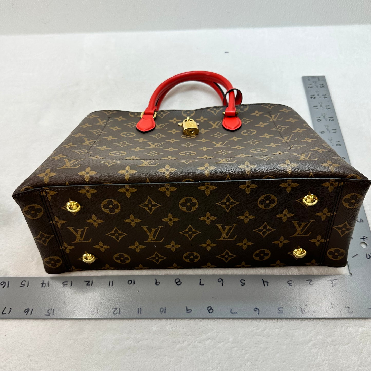 Flower Tote in Monogram Canvas and Coquelicot red leather trim Handbag Luxury Designer By Louis Vuitton, Size: Medium