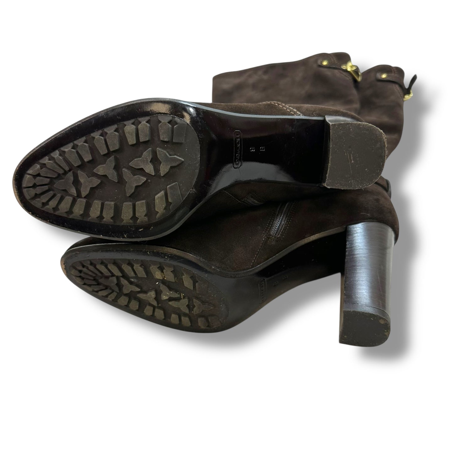 Suede Boots Designer By Coach In Brown, Size: 9