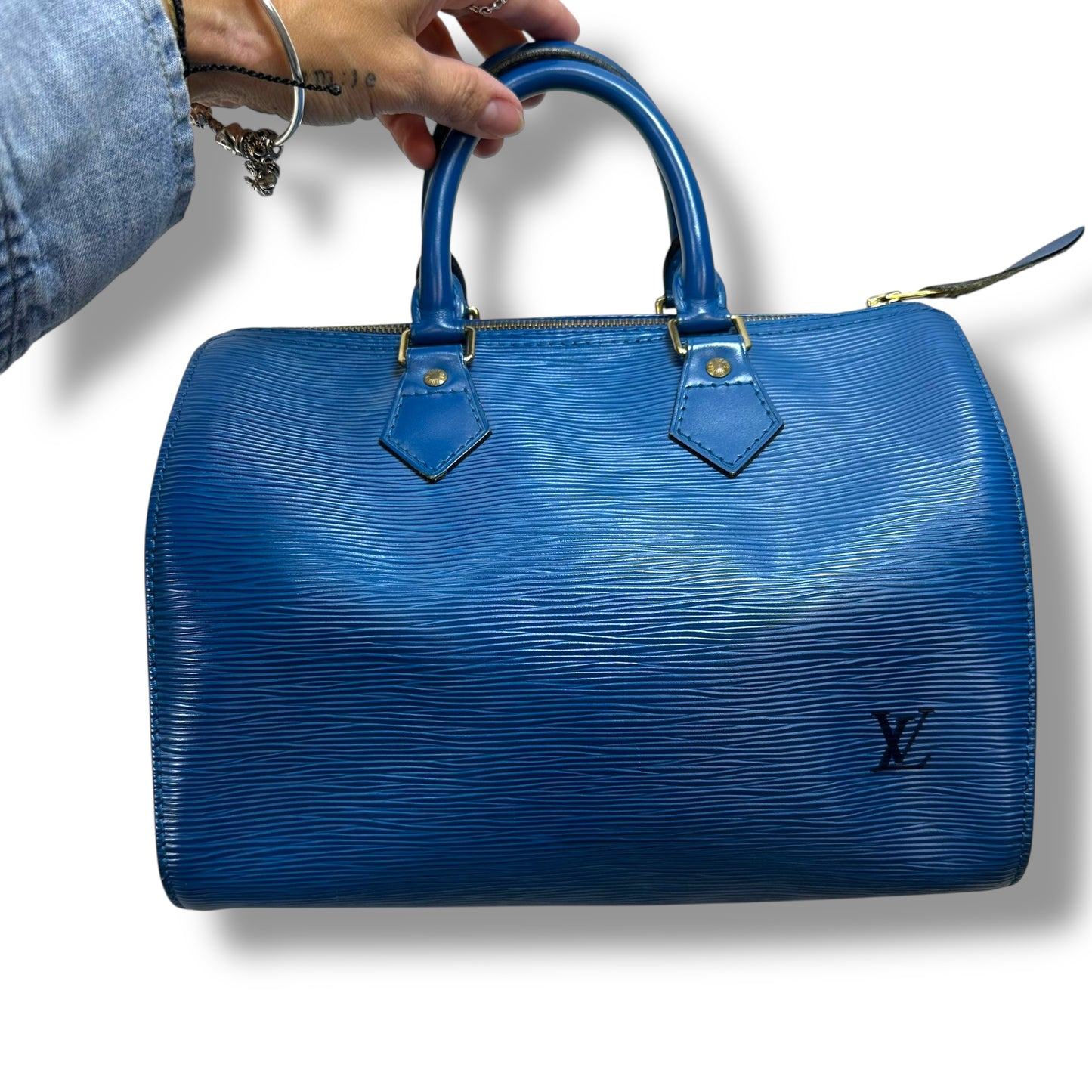 Blue Epi Leather Speedy 25 Handbag Luxury Designer By Louis Vuitton, Size: Medium